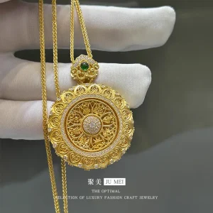 9999 24K real gold large rotating filigree diamond pendant with rope